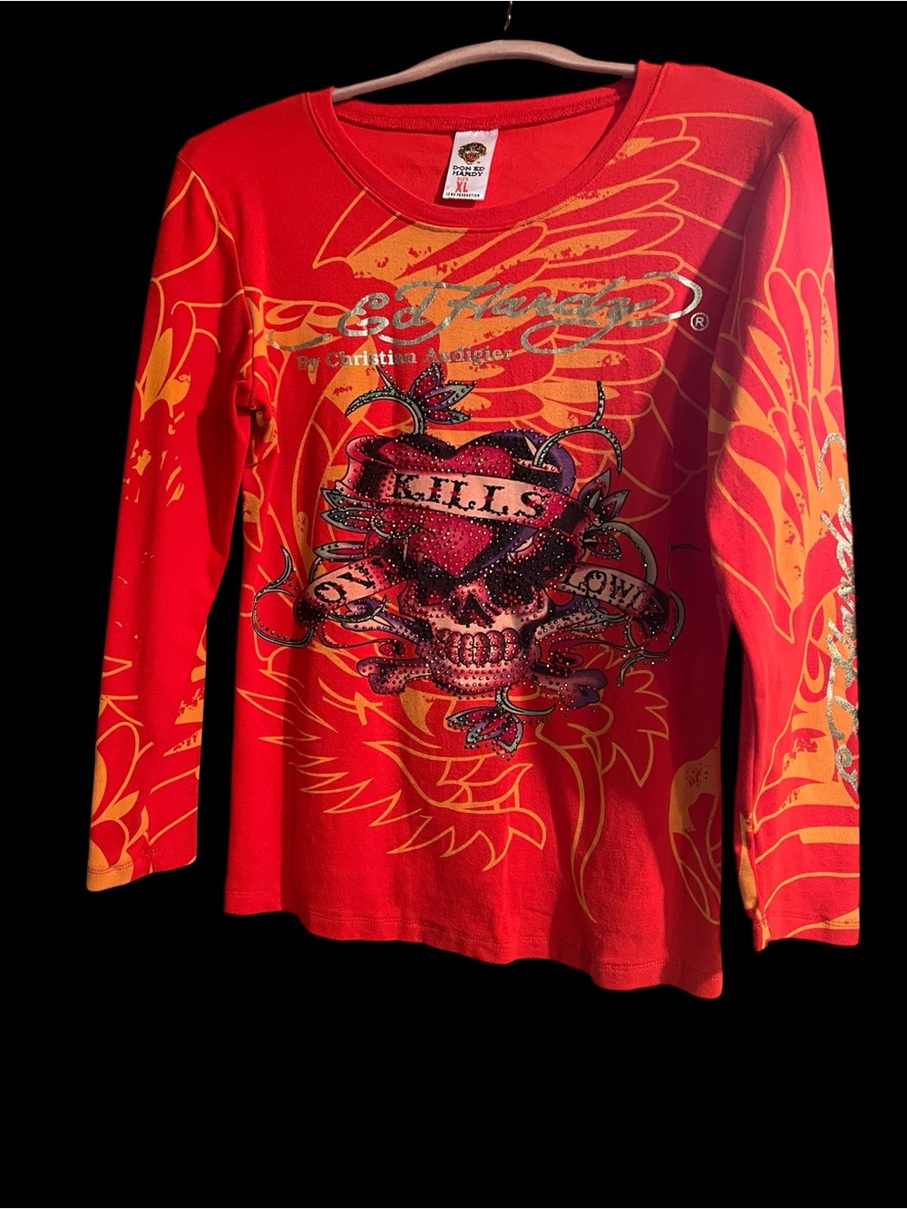 Ed Hardy Red & Yellow V-Neck Graphic Long-Sleeve Top